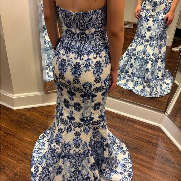 Prom Dress: Strapless Blue and White Floral - Picture 2 of 7